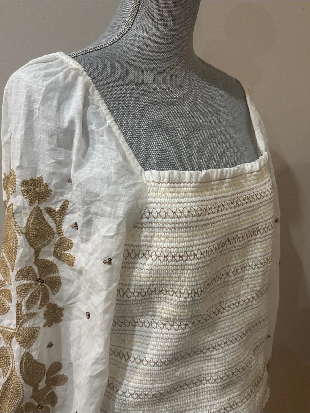 Anthropologie Smocked Embroidered Puff Sleeve Square Neck Top Peasant Blouse